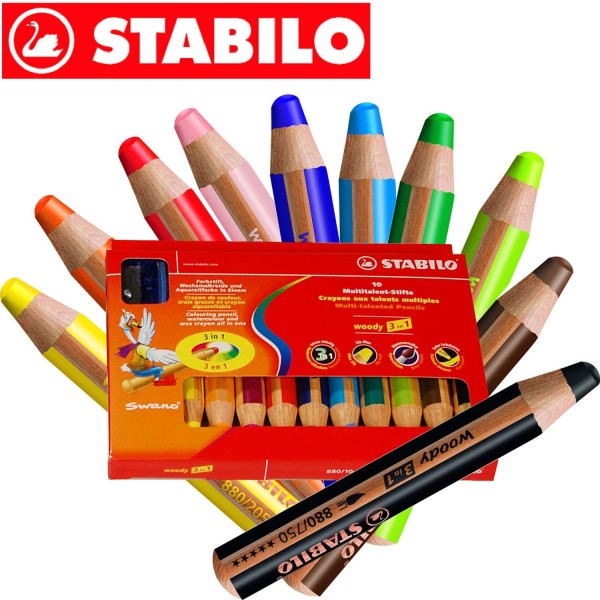 Woody von Stabilo - der Multitalent Stift: 3 in 1 - 10 Stück in 10 Farben und 1 Spitzer