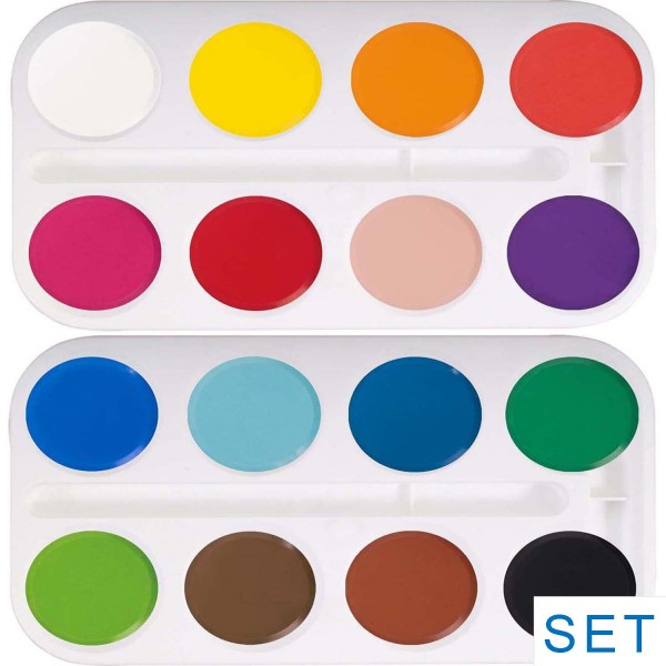 Wasserfarben-Blocks/Farbtabletten 55 mm Durchmesser, SET mit 16 Farben und 2 Paletten