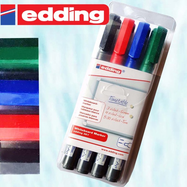 Whiteboard-Marker Edding 361, Strichstärke 1 mm, Etui 4 Stifte in 4 Farben