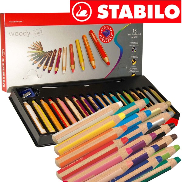 Woody von Stabilo - der Multitalent Stift: 3 in 1 - 18 Stück in 18 Farben und 1 Spitzer
