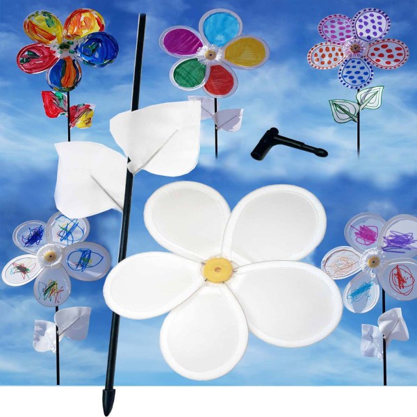 Blumen-Windrad aus Nylon, weiß, Durchmesser 20 cm, Länge 46 cm, Preis pro Stück