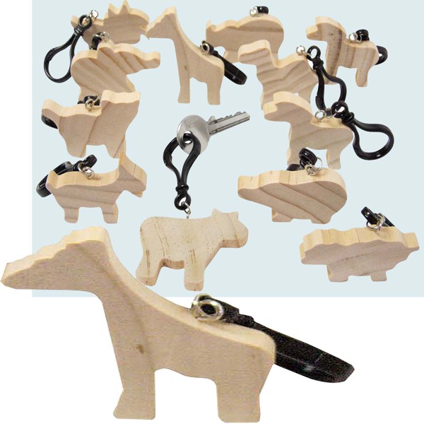 Holz-Schlüsselanhänger Tiere, 5 x 9,5 x 0,8 cm, 12 Stück sortiert